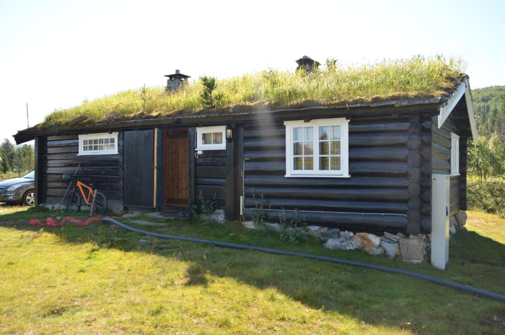 una cabaña de madera con techo de hierba encima en Maurtua - cabin in lovely surroundings, en Mysusæter