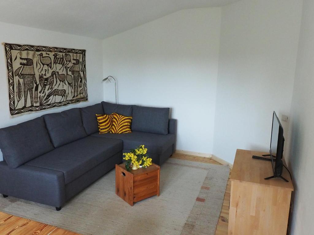 a living room with a blue couch and a tv at Urlaub im Alten Apfelgarten - Ferienwohnung Goldparmäne in Sörup