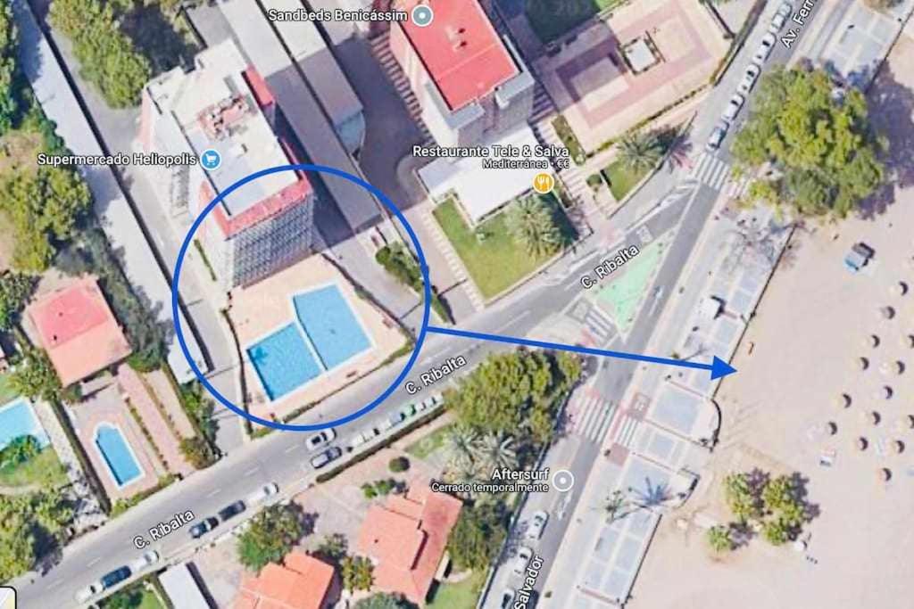 a map of a street with a blue circle at Apto moderno 1ª linea de playa in Benicàssim