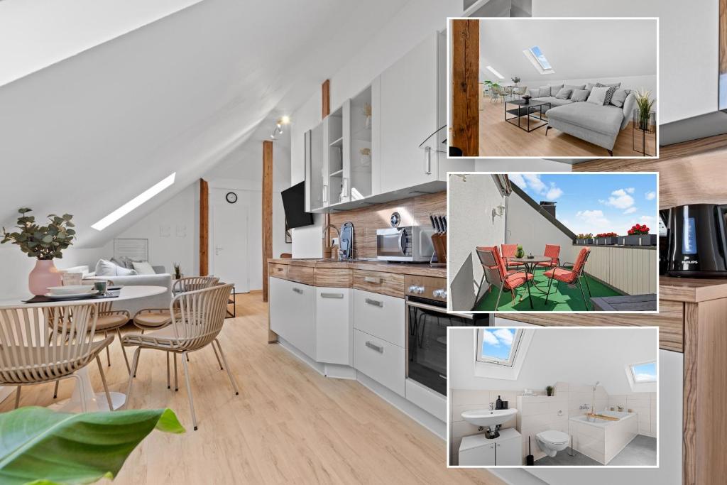 een collage van foto's van een keuken en woonkamer bij Stilvolle Wohnung: Private Dachterrasse - zentral in Augsburg