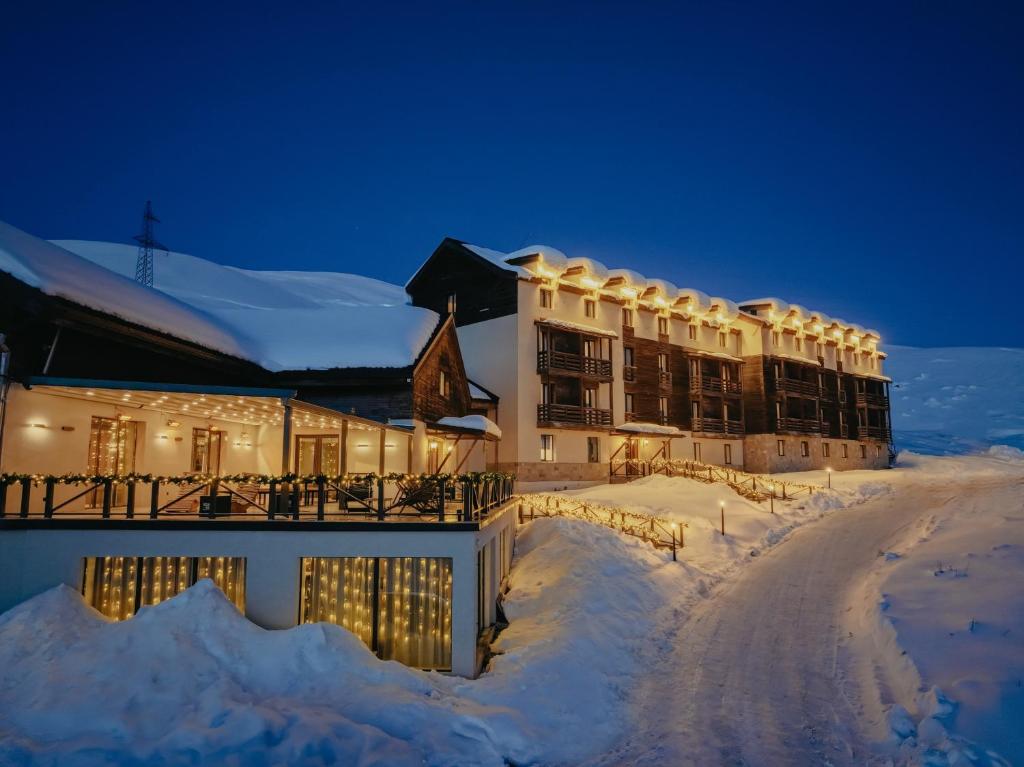 a resort in the snow at night at Alpina Hotel in Gudauri