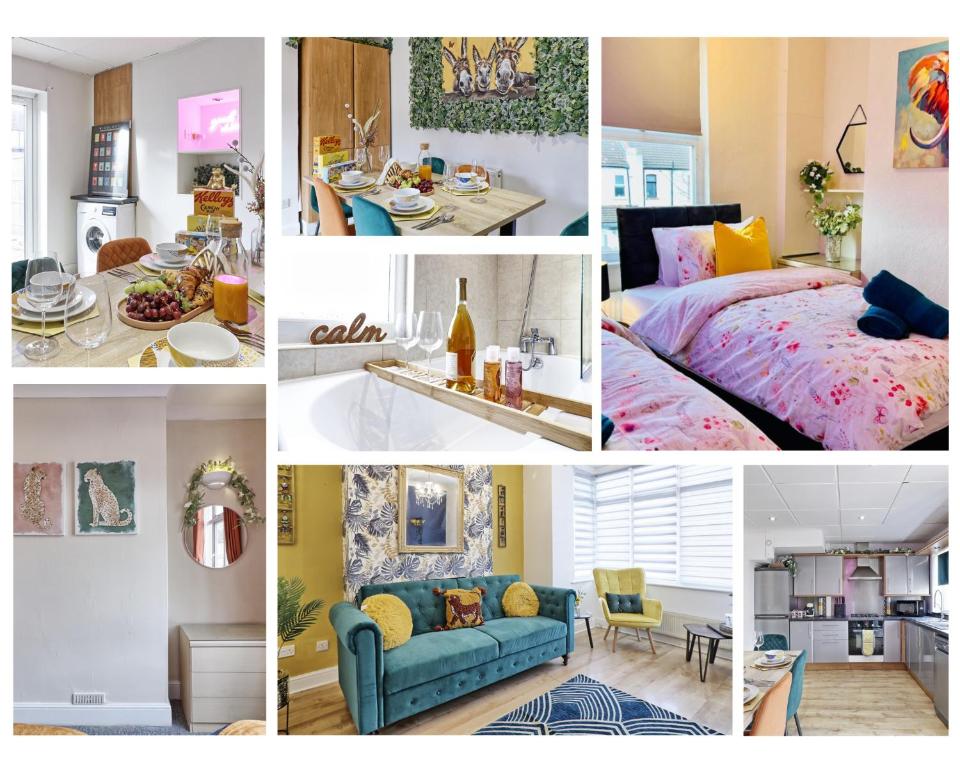 a collage of photos of a bedroom and a living room at Stunning Tropical Oasis By Artisan Stays I Free Parking I Weekly or Monthly Stay Offer I Sleeps 7 in Southend-on-Sea
