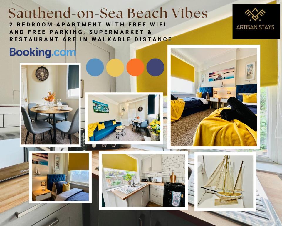 a collage of pictures of a room with yellow and blue at Beach Vibes in Southend-On-Sea by Artisan Stays I Leisure or Business I Free Parking I Sleeps 5 in Southend-on-Sea