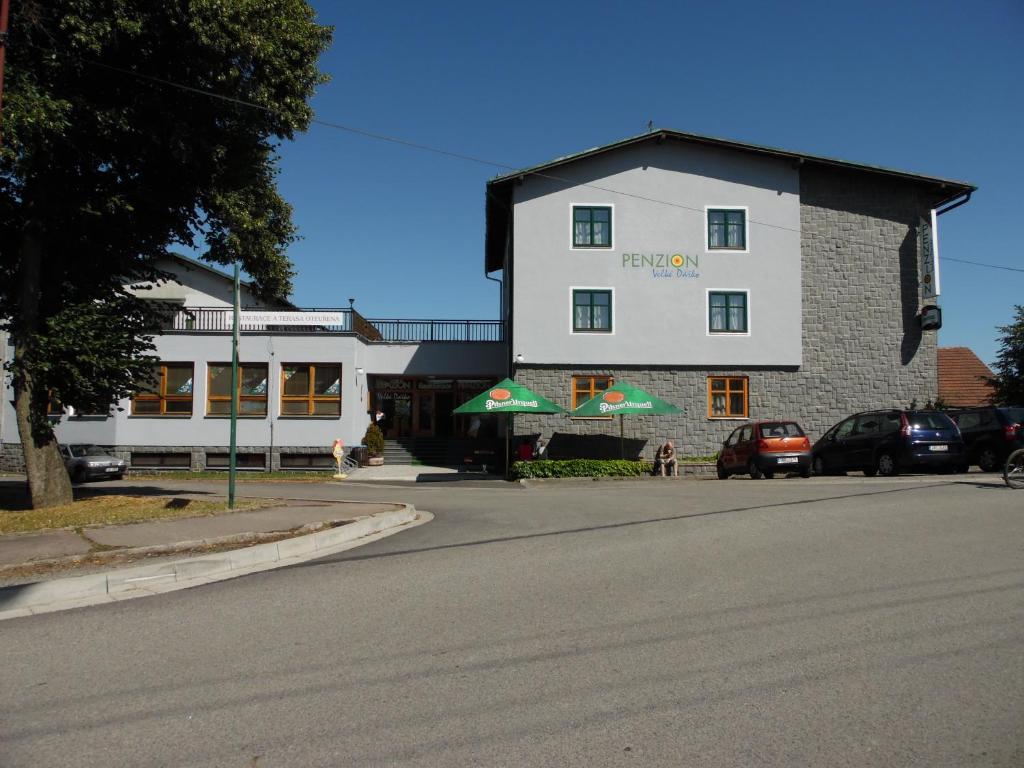 a building on the side of a street with cars parked at Penzion Velke Darko in Škrdlovice