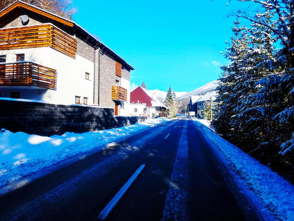 een met sneeuw bedekte straat met een gebouw en bomen bij Chalety Bystrá in Bystrá