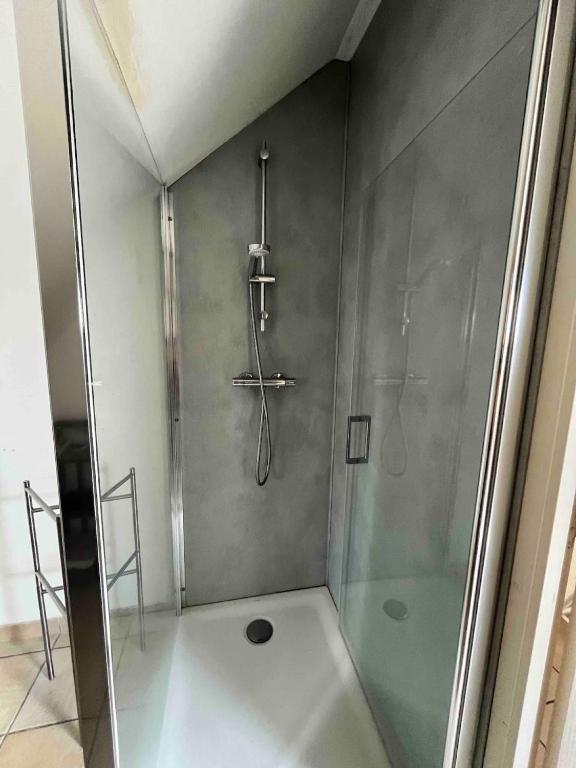 a shower with a glass door in a bathroom at Maison 6 personnes avec piscine in Le Conquet
