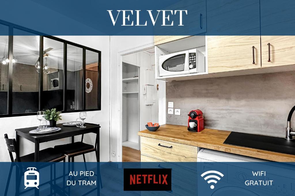 eine Collage mit Fotos einer Küche mit einer Mikrowelle in der Unterkunft VELVET - Proche Genève - Au pied du Tram - Wifi Gratuit in Ambilly
