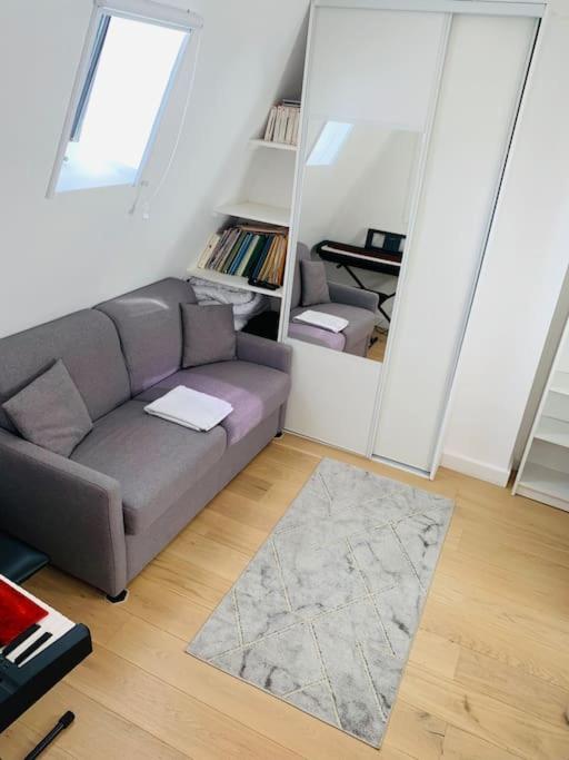 a living room with a couch and a mirror at Studio cosy au cœur de Paris in Paris