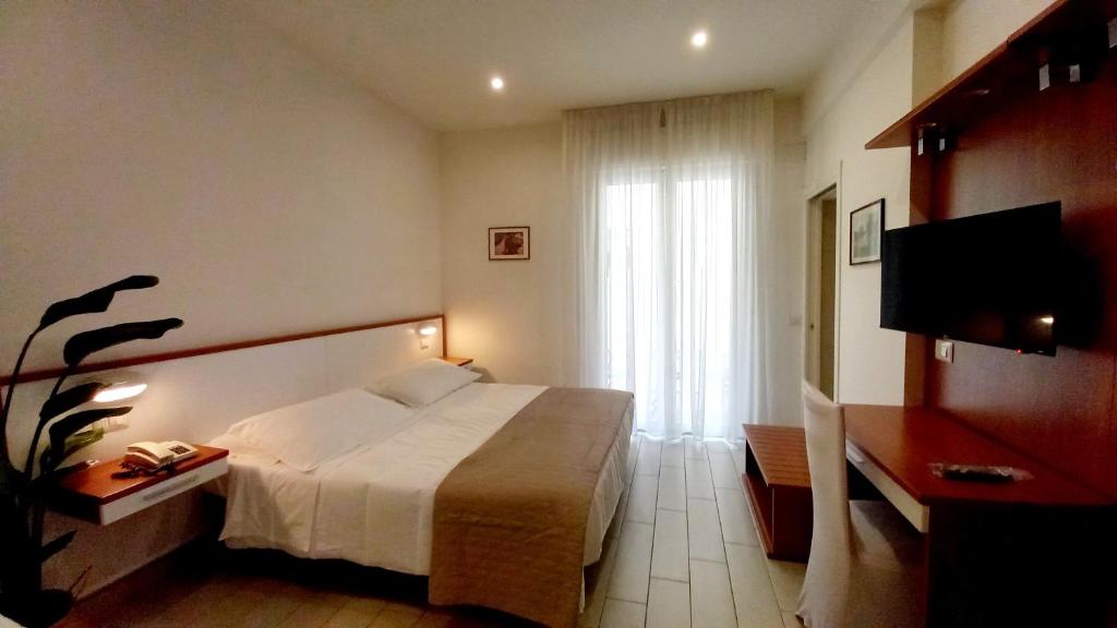 una camera d'albergo con letto e TV di Hotel Brotas a Rimini