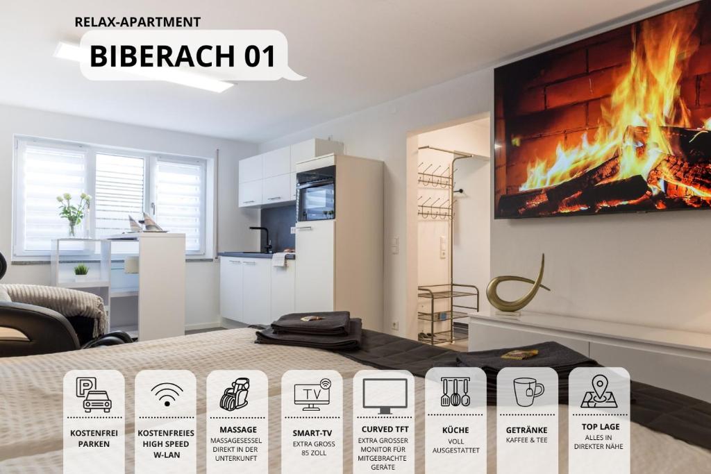 a living room with a fire in a fireplace at RelaxApartment 1 Massagesessel SmartTV Küche in Biberach an der Riß