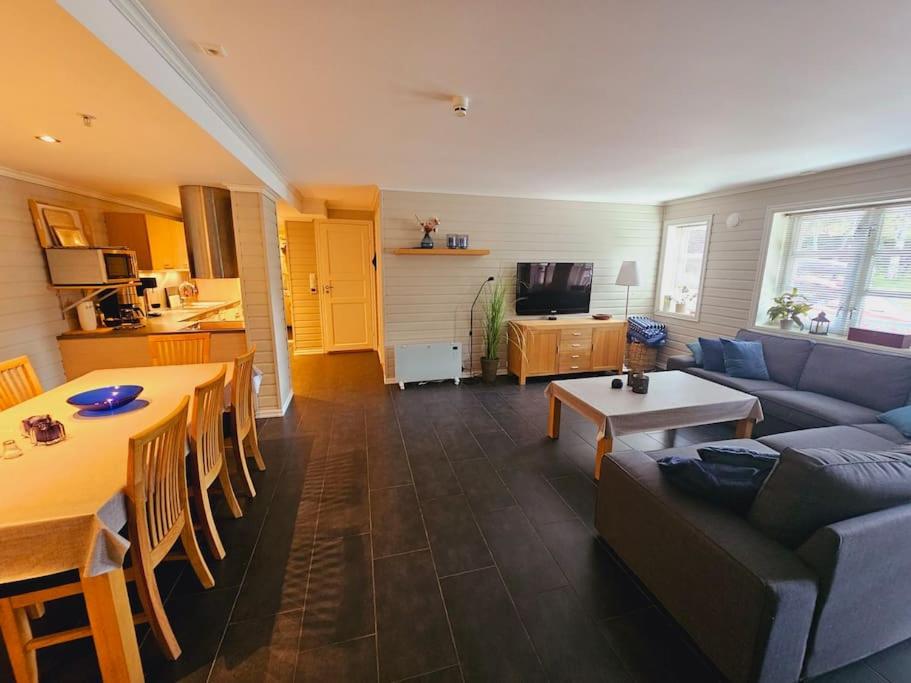 uma sala de estar com um sofá e uma mesa em Apartment in Sinnes Fjellstua 7 em Sinnes