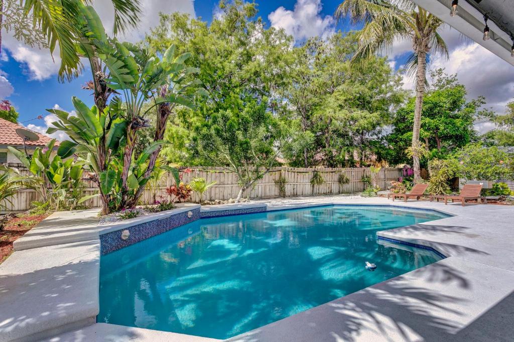 a swimming pool in the backyard of a home with palm trees at Glamour House in Wellington