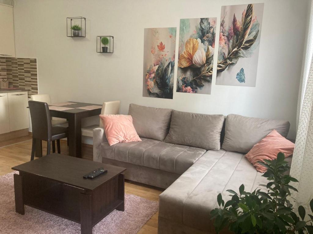 sala de estar con sofá y mesa en Alacaster G apartman, en Novi Sad