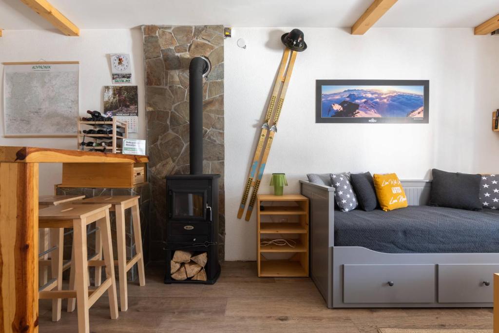 a living room with a couch and a wood stove at Alpine Retreat Čupino Sokače in Kopaonik