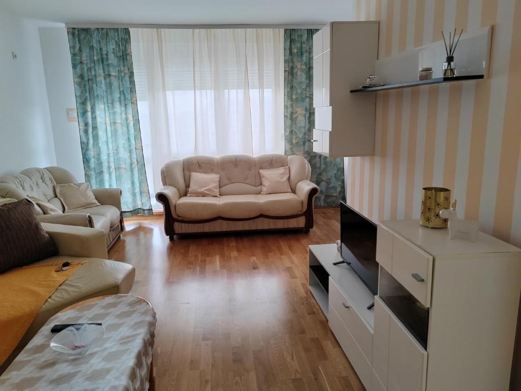 a living room with a couch and a tv at Apartman SM in Sremska Mitrovica
