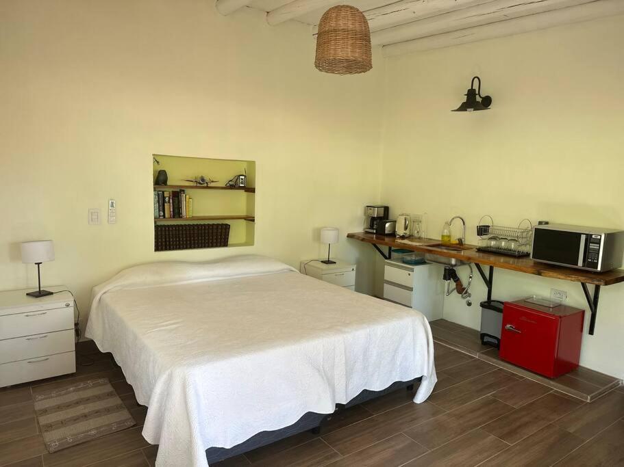 a bedroom with a bed and a desk with a microwave at Casa Algarrobos in San Javier