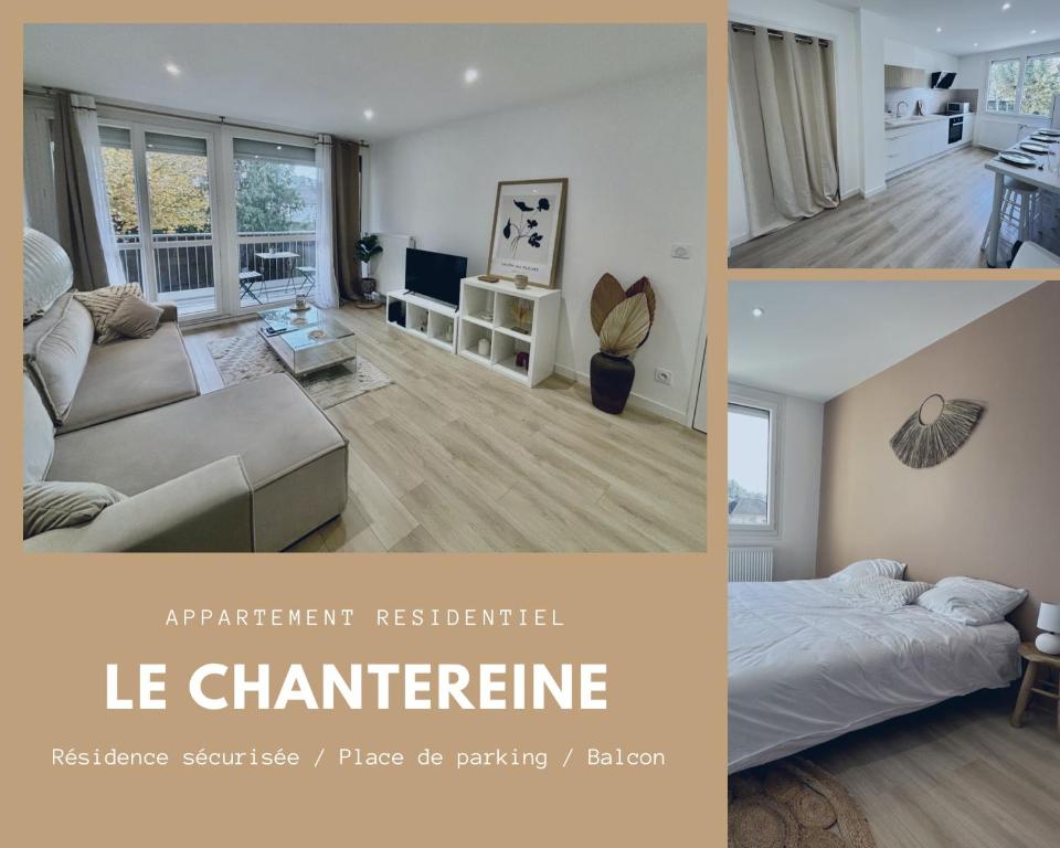 a collage of photos of a living room and a bedroom at Le Chantereine appartement résidentiel in Bourgoin