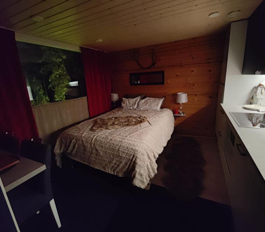 a bedroom with a bed in a small room at Lapland Aurora cabin in Rovaniemi
