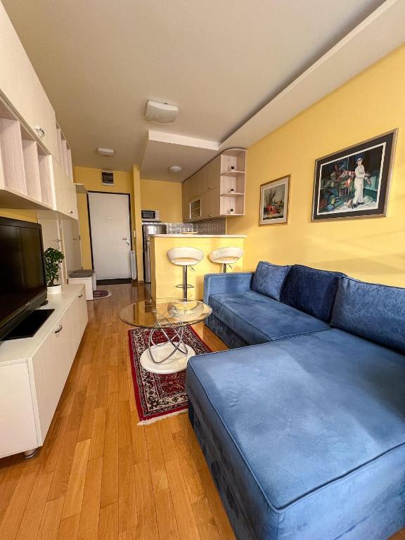 a living room with a blue couch and a tv at Mega Lux Apartment in Vračar (historical)