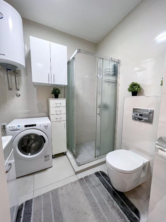 a bathroom with a toilet and a washing machine at Mega Lux Apartment in Vračar (historical)