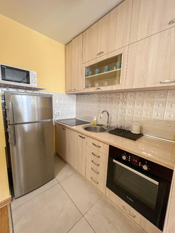 a kitchen with a stainless steel refrigerator and a sink at Mega Lux Apartment in Vračar (historical)