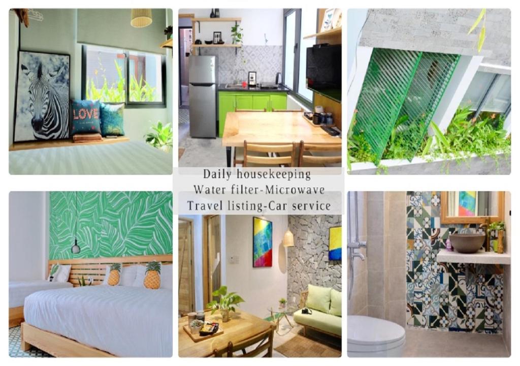 een collage van foto's van een keuken en een woonkamer bij URI HOUSE, 1-2 BR tourism apt, 5' walk Dragon Bridge in Da Nang