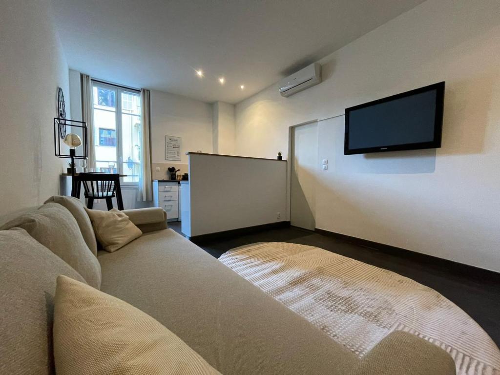een woonkamer met een bank en een flatscreen-tv bij Charmant Studio - Port de Nice in Nice