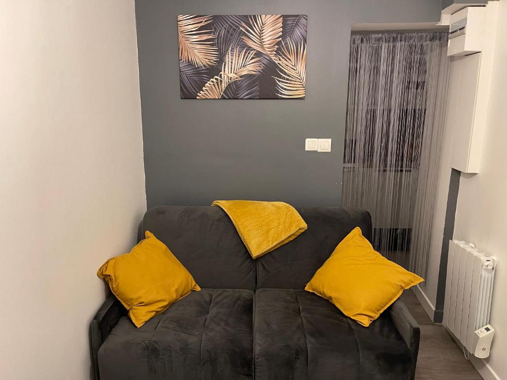 a brown couch with yellow pillows in a room at Studio entièrement équipé à 10 min de La Défense in Suresnes