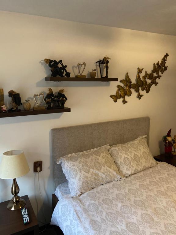 1 dormitorio con cama y estanterías con animales de peluche en Casa Printre gradini, en Brasov