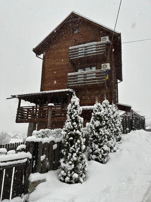 uma casa coberta de neve com árvores em frente em Eco House em Bukovel