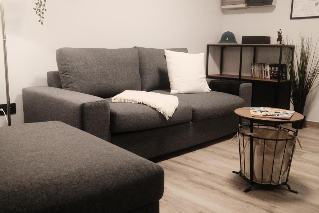 un soggiorno con divano grigio e tavolo di Tiny House : Felix the Cat a La-Roche-en-Ardenne