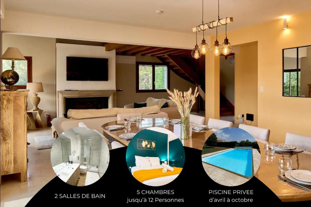 ein Esszimmer und ein Wohnzimmer mit einem Tisch und Stühlen in der Unterkunft Superbe Villa avec piscine in Magny-Cours