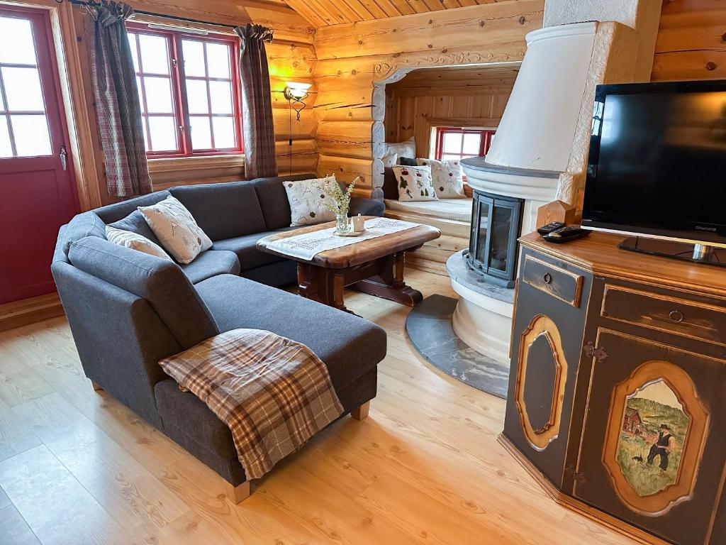 ein Wohnzimmer mit einem Sofa, einem TV und einem Kamin in der Unterkunft Skibyen Jons Hytte in Skoro