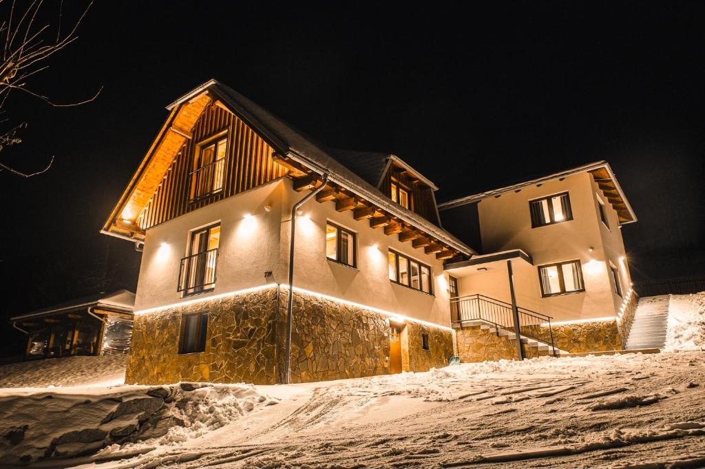 a house in the snow at night at Villa Seraf in Terchová