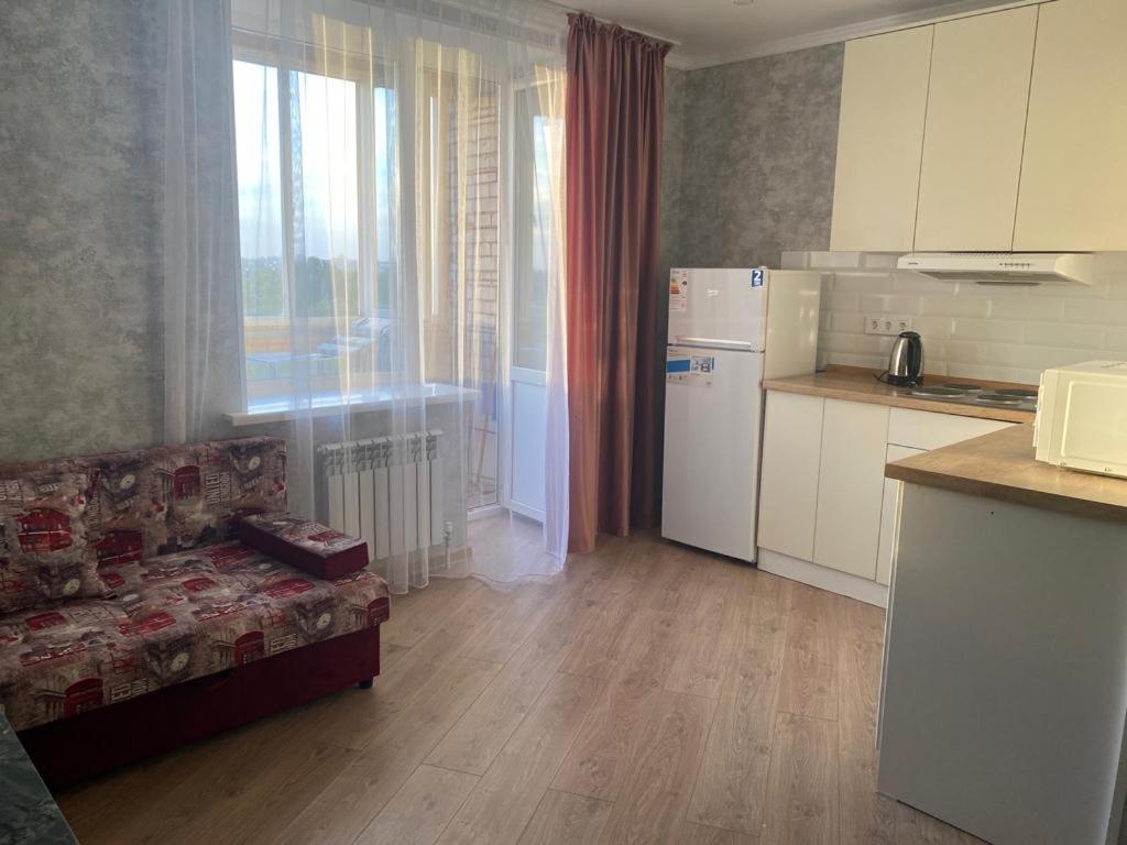 ein Wohnzimmer mit einem Sofa und einer Küche in der Unterkunft Евродвушка в новостройке in Qaraghandy