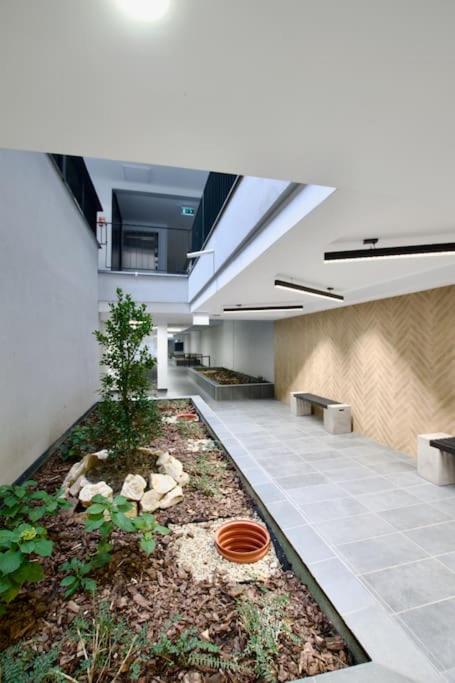 a room with a garden in the middle of a building at Standard Apartment by Hi5-Horváth Mihály square in Budapest