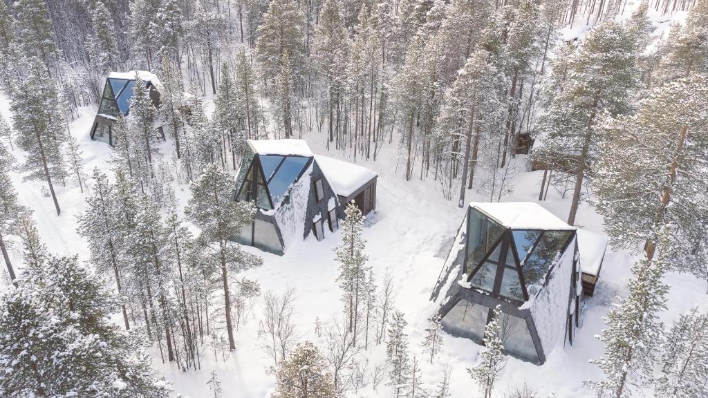 an aerial view of a forest with snow covered trees at Trasti & Trine Boutique Hotel in Alta