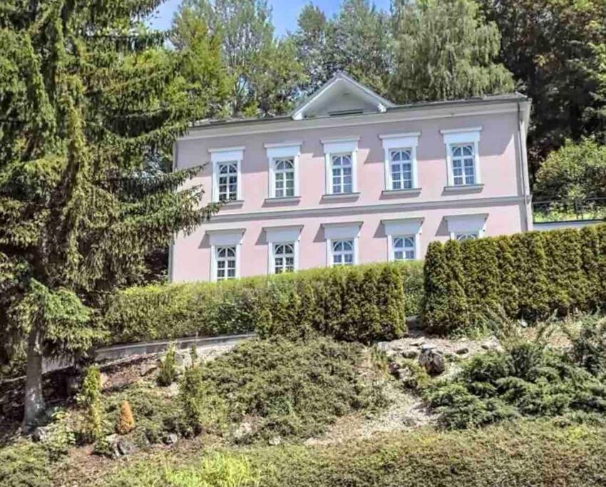 瑪麗亞溫泉的住宿－Wespartment Marienbad - City meets Nature，粉红色的房子,设有白色的窗户和灌木丛