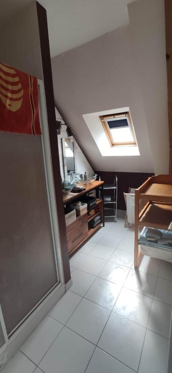 an attic room with a kitchen and a table at Chambre Céladon in Changé
