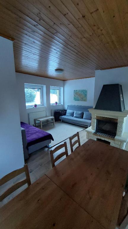 sala de estar con sofá y chimenea en Dům Boubín en Vimperk