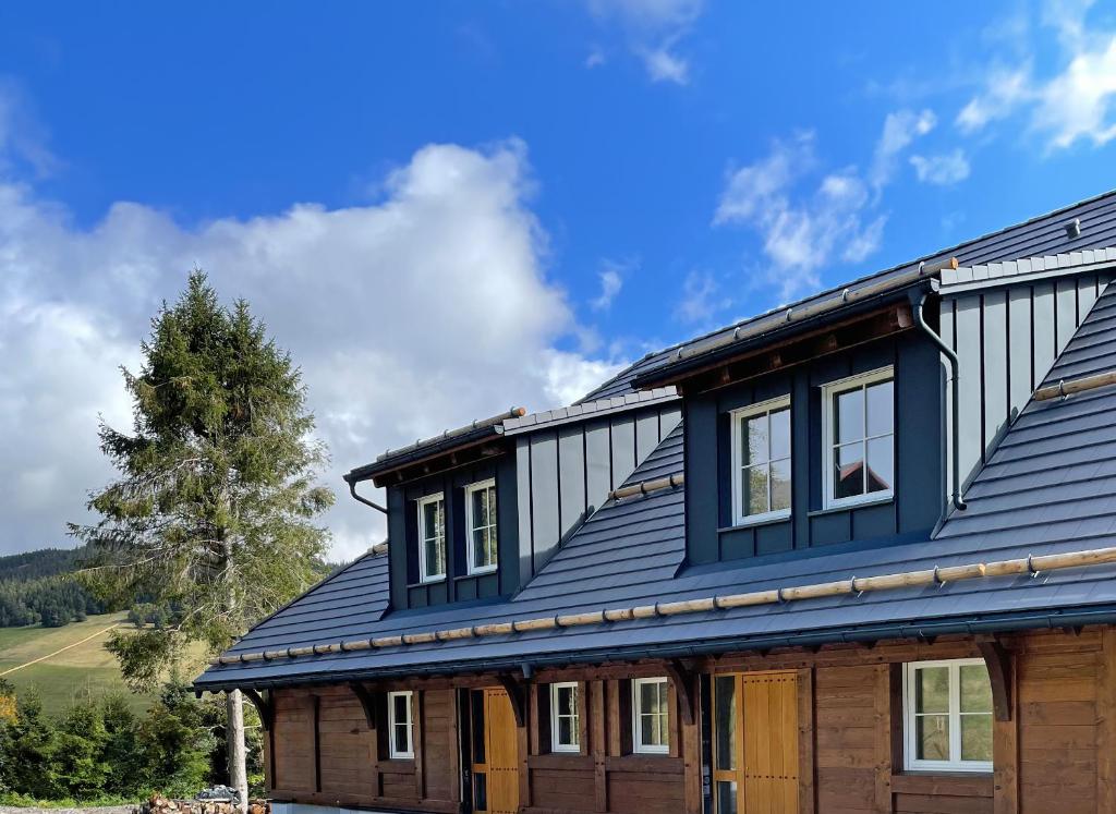 a house with a metal roof on top of it at Chalet Foret in Todtnauberg