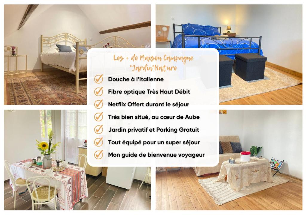 un collage de fotos de una habitación con cama y mesa en Maison à la campagne pour 7 pers, wifi et parking en Aube-sur-Rîle