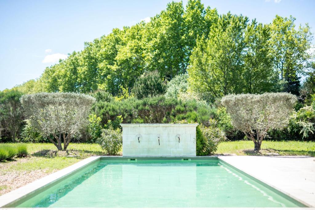 une piscine vide dans un jardin arboré dans l'établissement Villa des Alpilles, à Eygalières