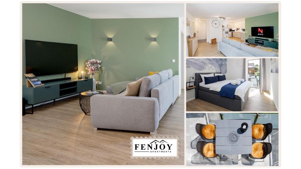 un collage de fotos de una sala de estar con sofá y TV en FENJOY: Ferienapartment mit Balkon / Zentral / BBQ, en Bernau am Chiemsee