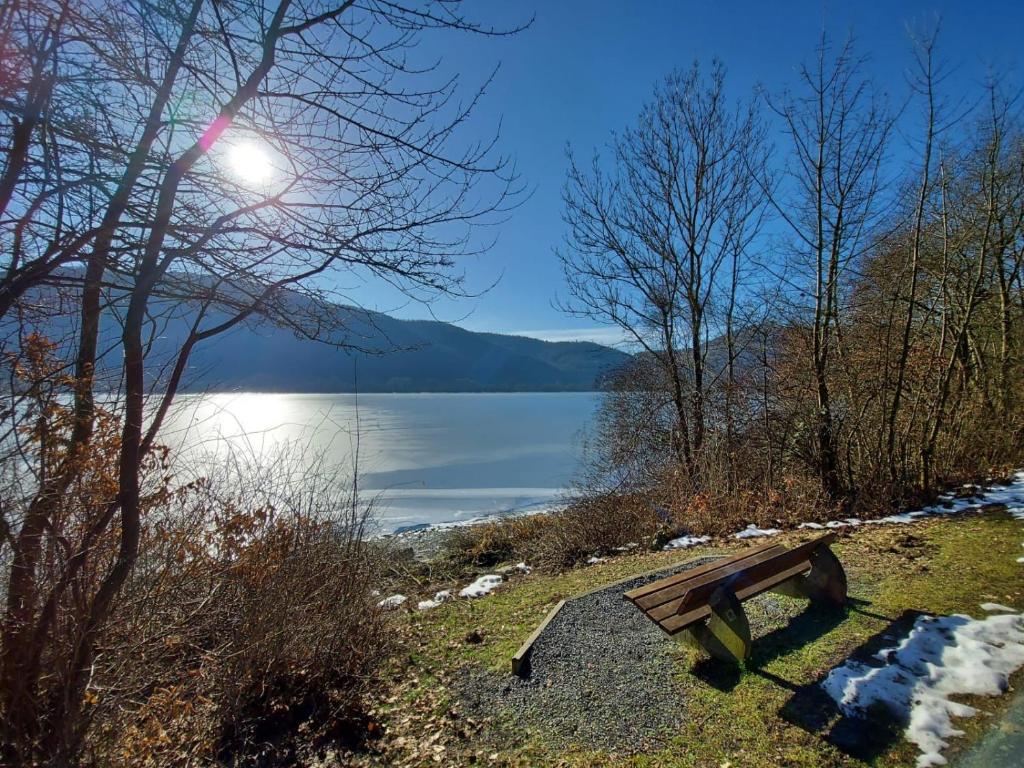 a bench sitting next to a body of water at Maberg Ferienwohnung auf Scheid in Waldeck