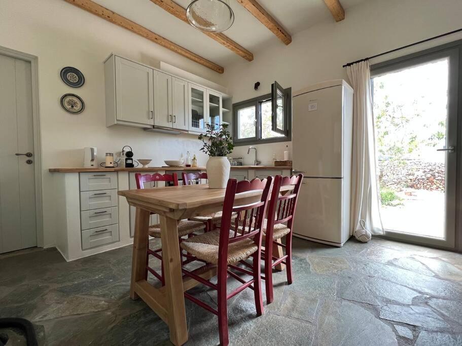 cocina con mesa de madera con sillas y nevera en Fyroa en Naxos