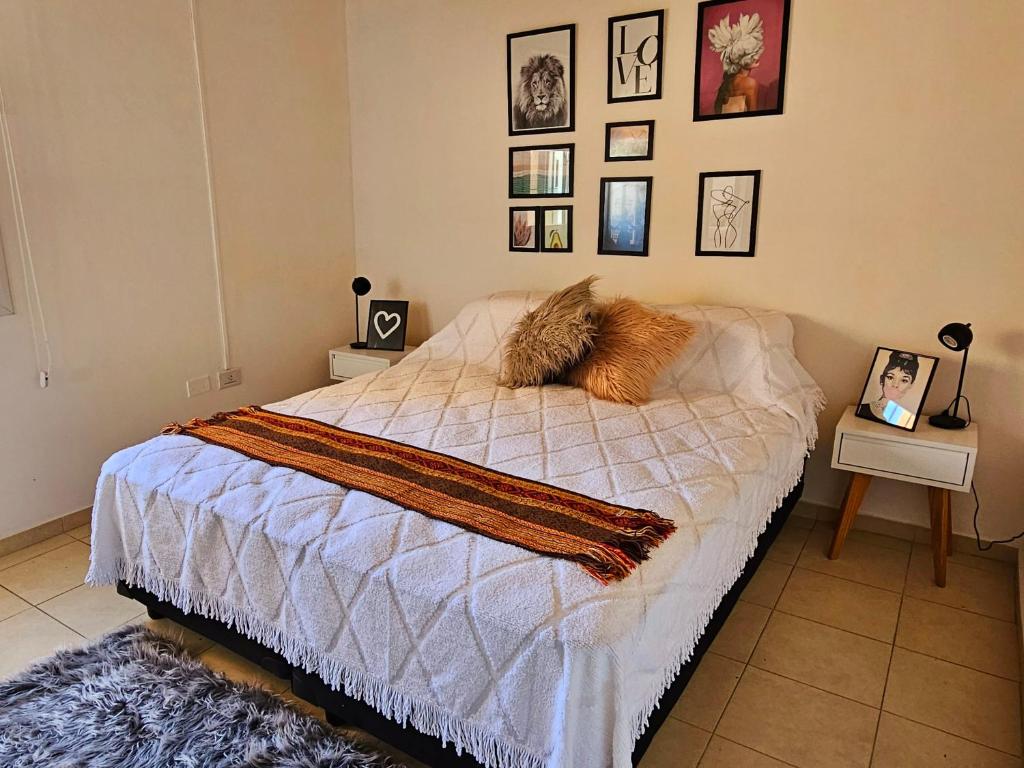 een slaapkamer met een bed met een kat erop bij Departamento Alto Malbec in La Cieneguita