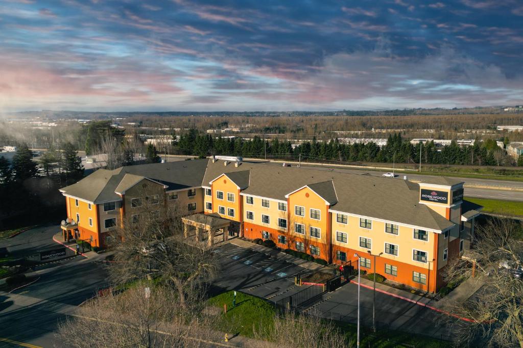 an overhead view of a large building with yellow at Rosewood Hotel- Portland East in Portland