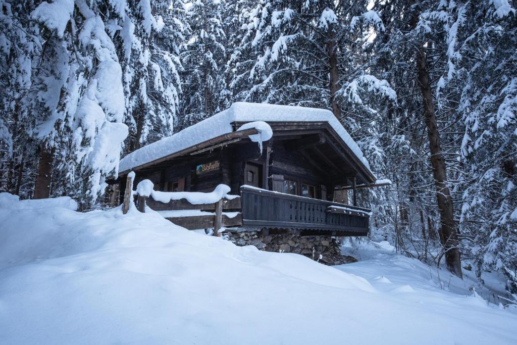 mały budynek pokryty śniegiem w lesie w obiekcie Kitzkopf Hütte w Mayrhofen