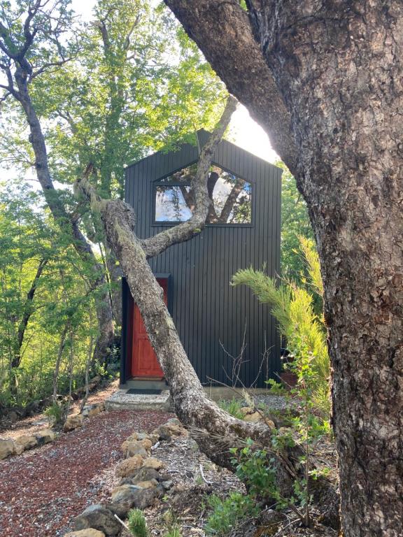 a modern house with a red door in the woods at Cabañas, M Refugios Termas de Chillán in Pinto